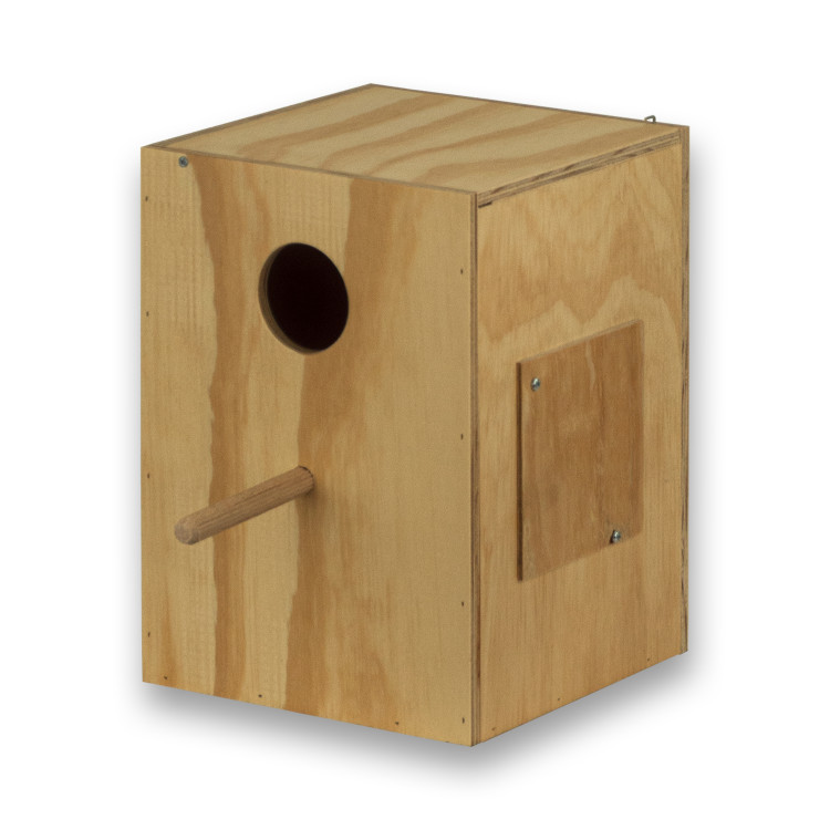 Verticale houten nestkast voor valkparkieten