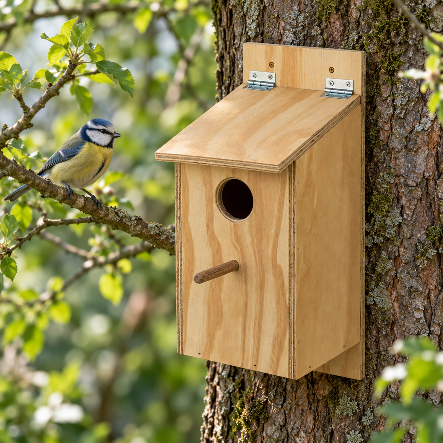 Wooden nest box installed outdoors for wild birds